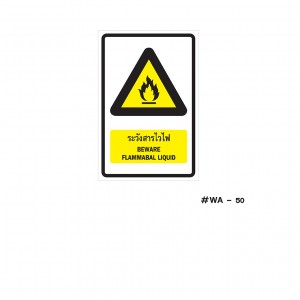 ป้ายเครื่องหมายระวังสารไวไฟ Beware Flammabal Liquid